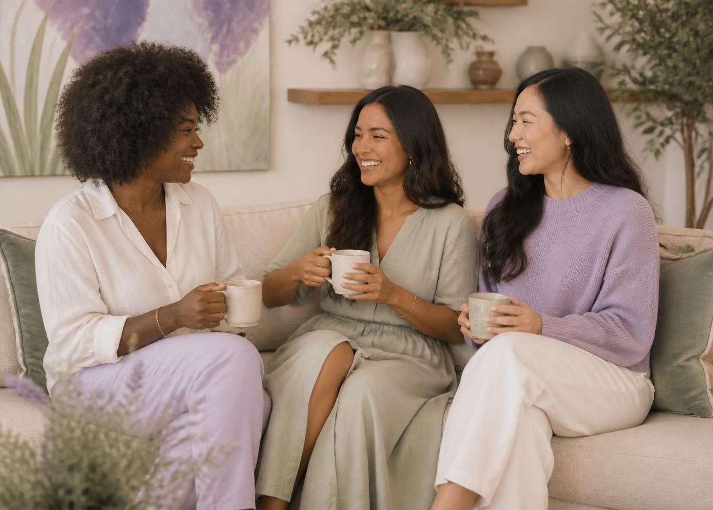 Three women laughing together on a linen couch surrounded by plants
