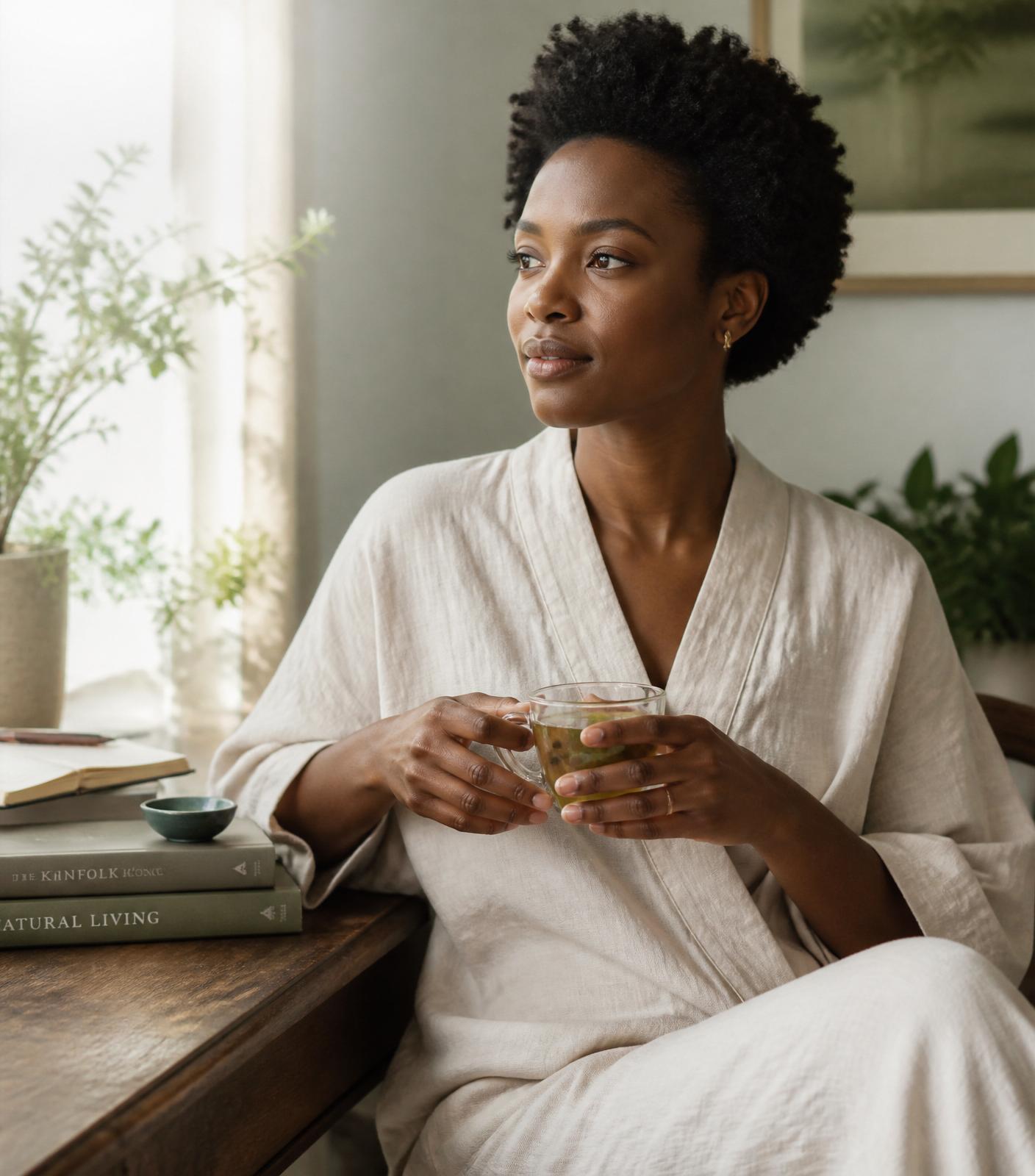 A woman in soft linen sitting with a cup of tea in a light-filled room
